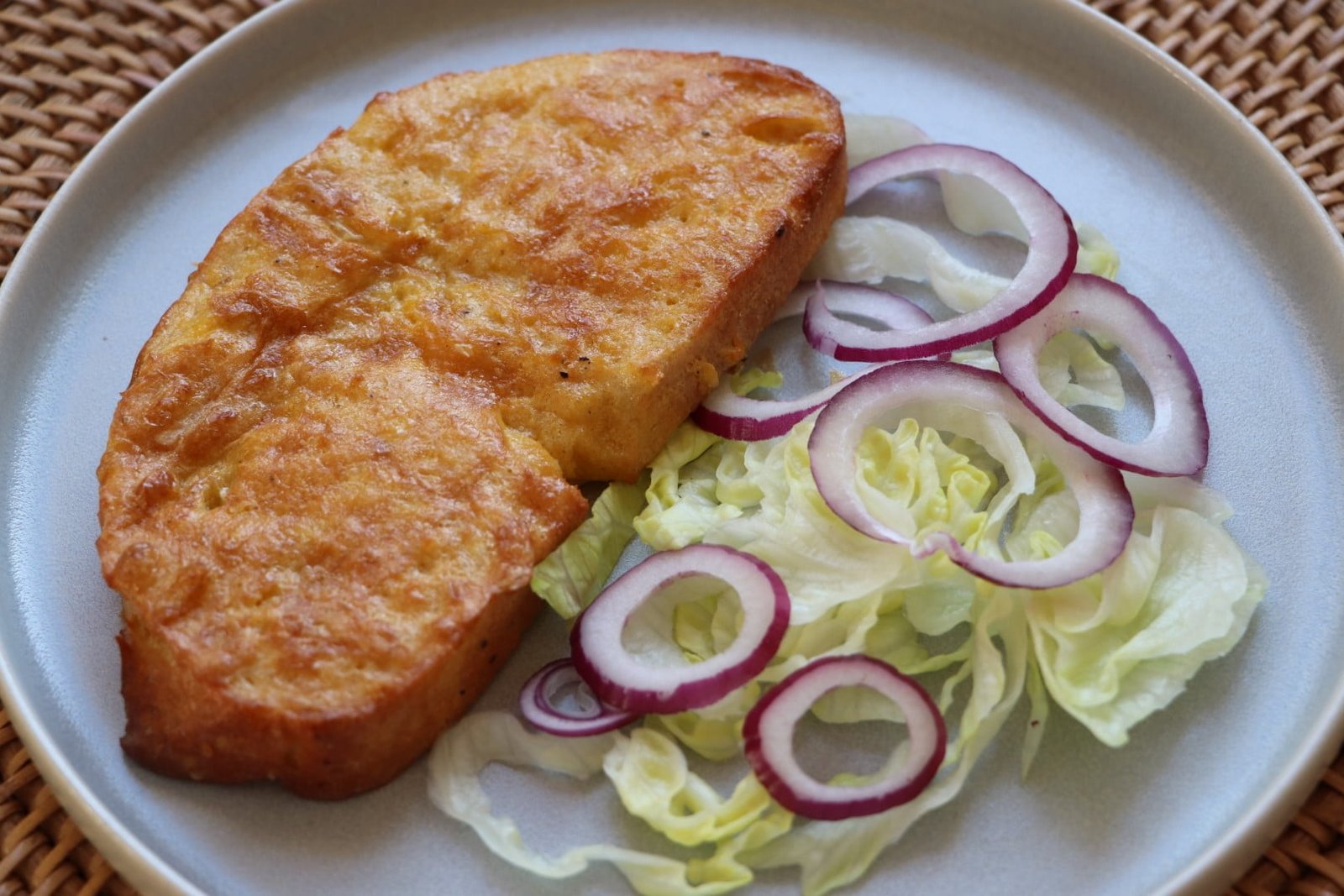 Savory French toast baked in an airfryer on a plate